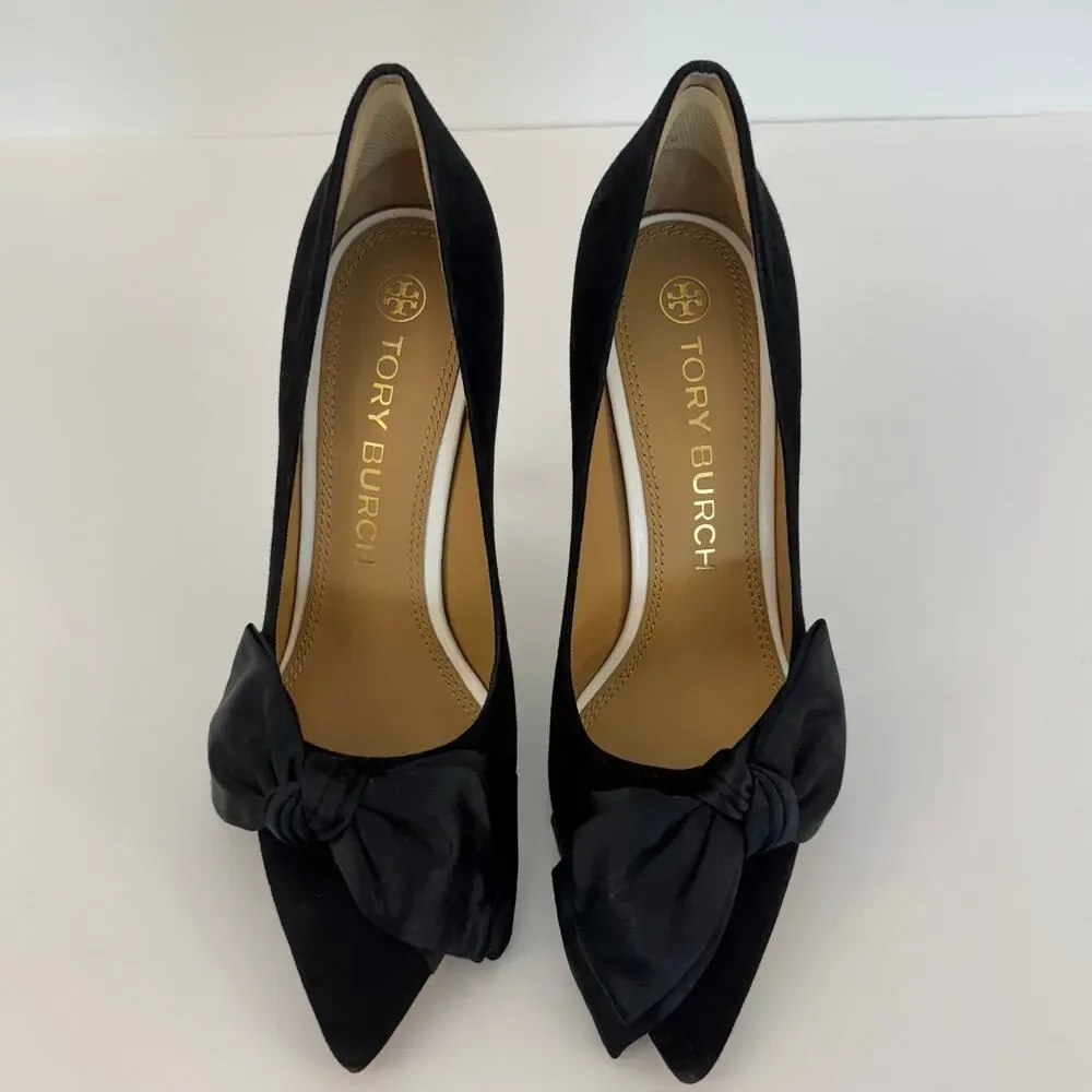 Tory Burch Bow Suede Pointed-Toe Pumps Black/White Shoes Heels 9M